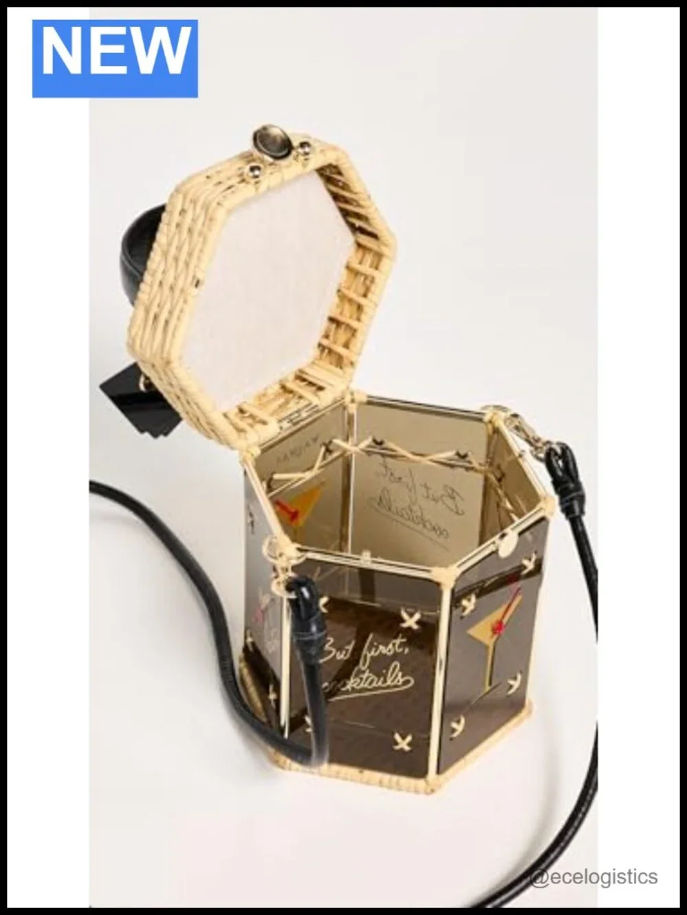 Acrylic Bucket Bag with Rattan Trim, Magnetic Closure, Gold Hardware